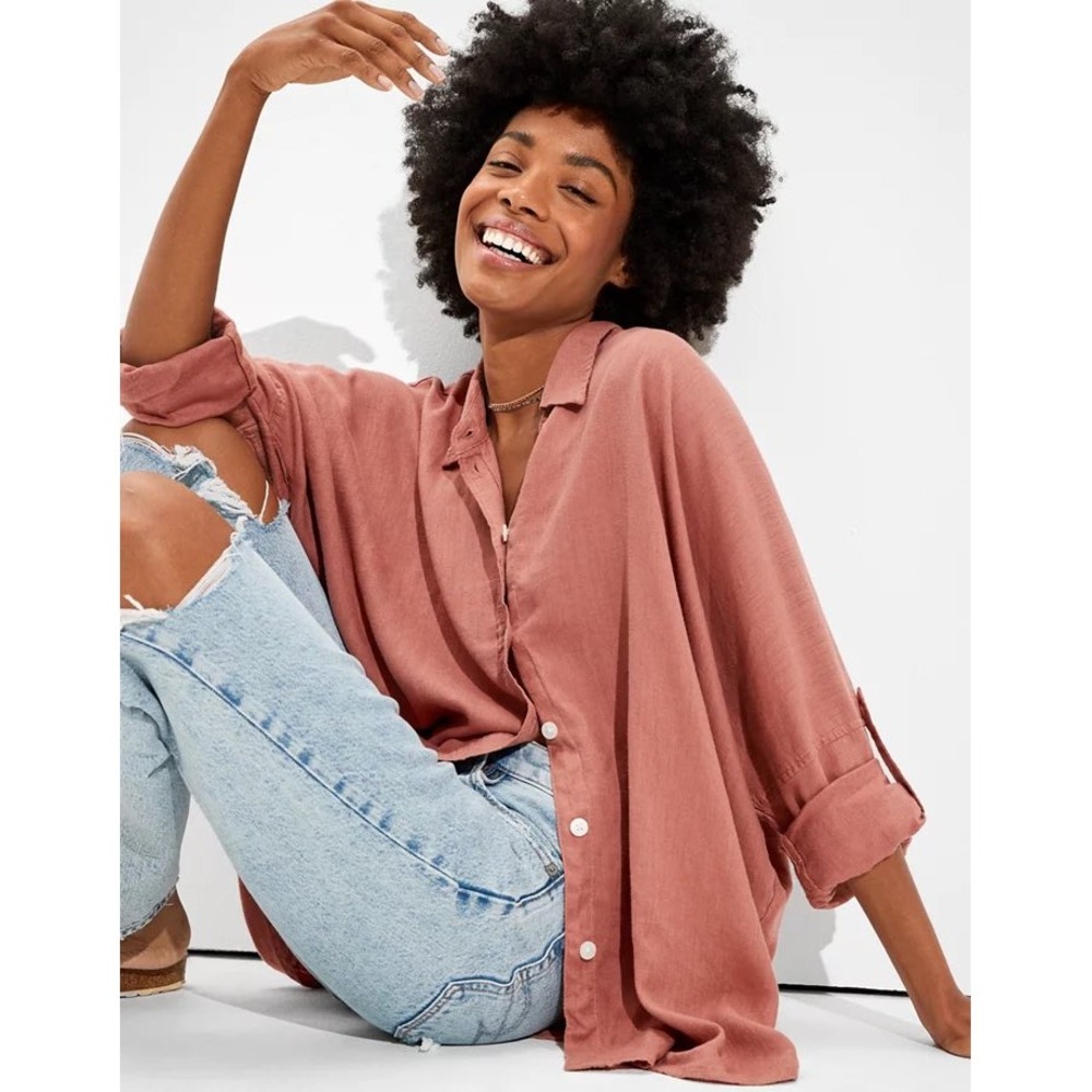 American Eagle Sienna Oversized Long Sleeve Button Up Linen Blend Beach Shirt L
